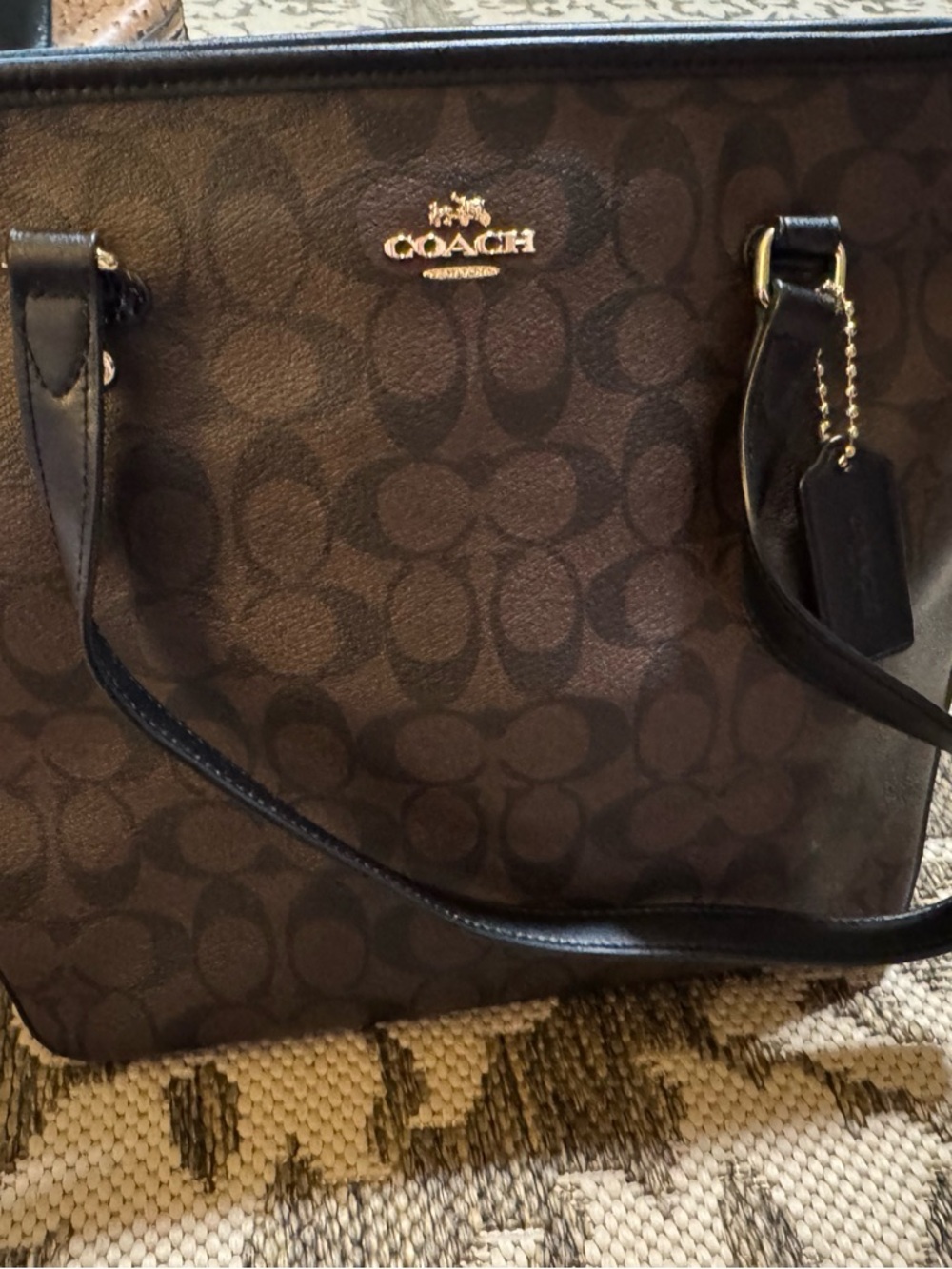 Coach Brown and Black Signature Tote with Gold Logo